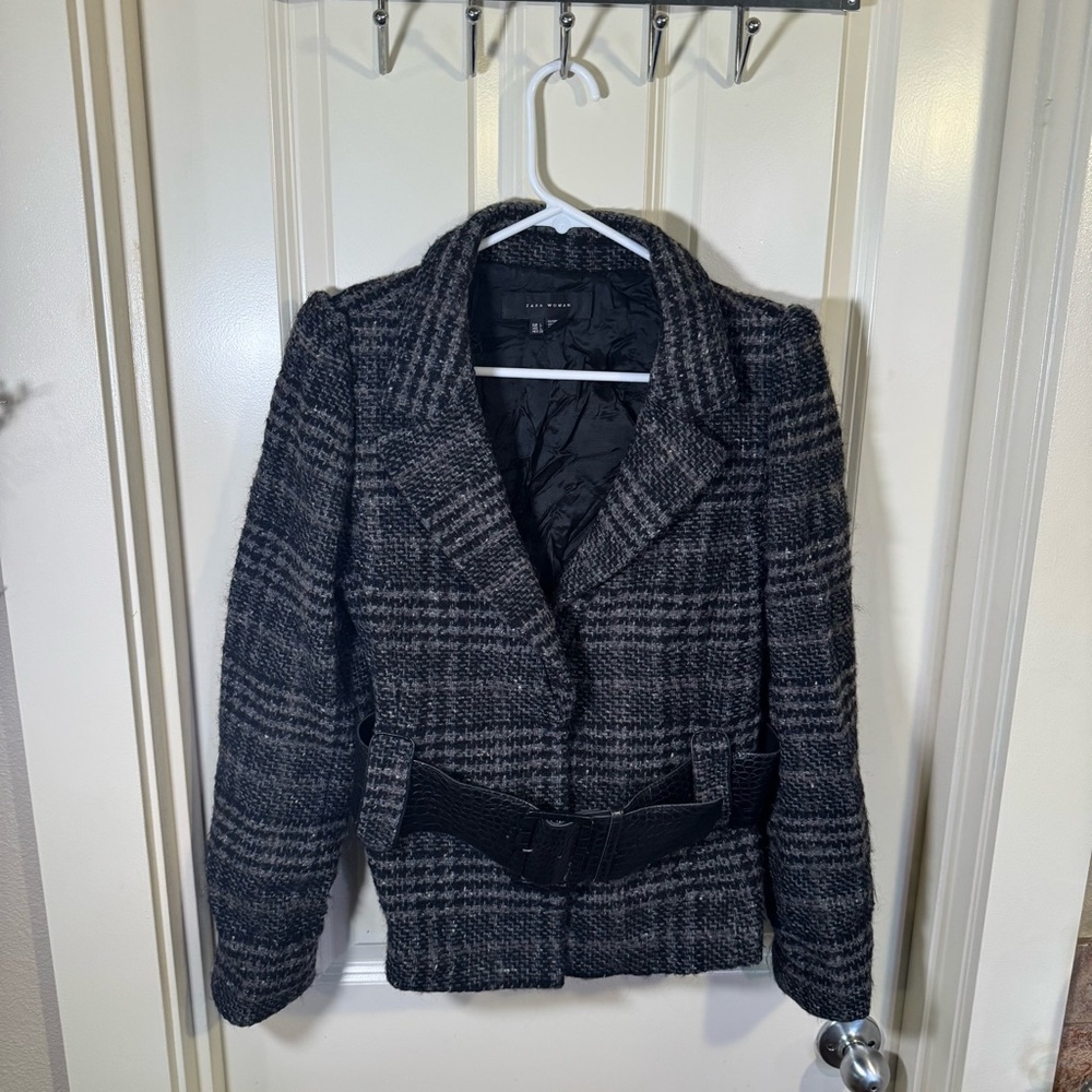 Zara Gray Plaid Women's woven Jacket with Belt